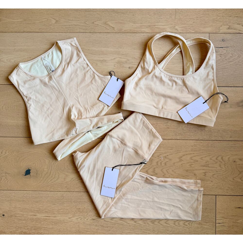 Revolve Lovewave 3-piece Legging, Bra, Crop Top set - Small - NWT - Cream